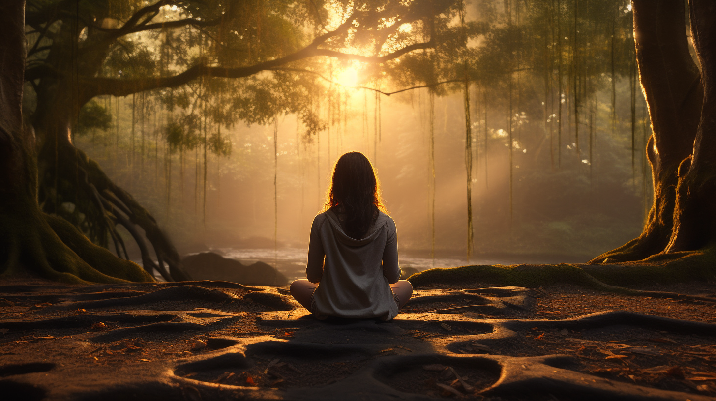 Experience Serenity: Woman Meditating in Nature - Find tranquility as a woman peacefully meditates amidst breathtaking natural surroundings. Immerse yourself in the calming embrace of mindfulness and inner peace. Explore the image now.